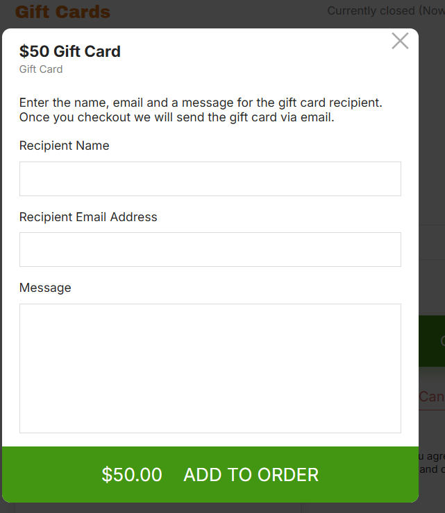 Gift card order form